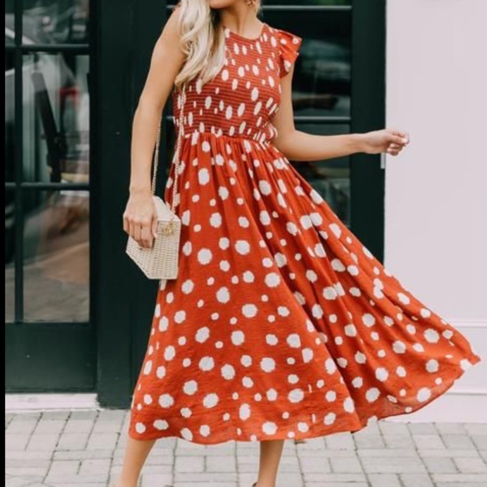 Avenue Rust Orange Polka Dot Smocked Top Flutter Sleeve Midi Dress Size 22/24